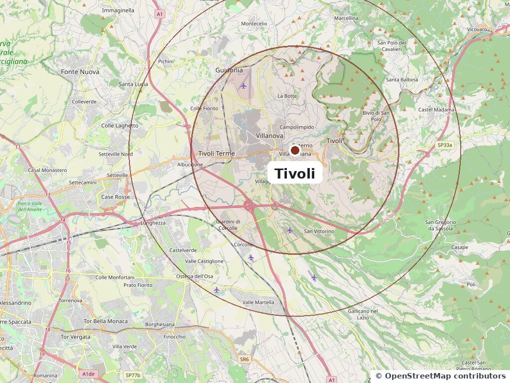 Mappa di Tivoli e del territorio intorno: due cerchi segnano la distanza del comune confinante piu' vicino e di quello piu' lontano
