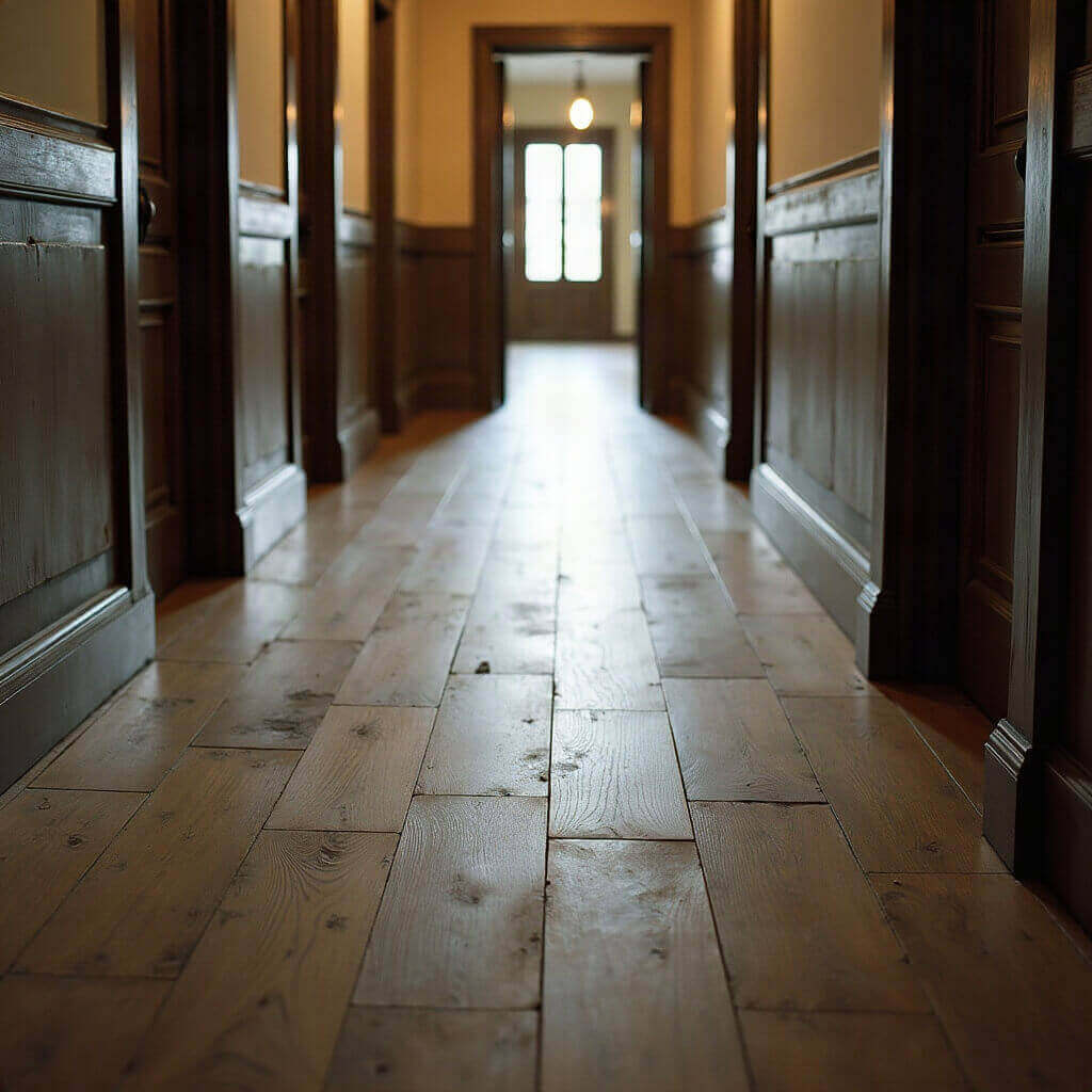 Corridoio con il parquet consumato dal passaggio