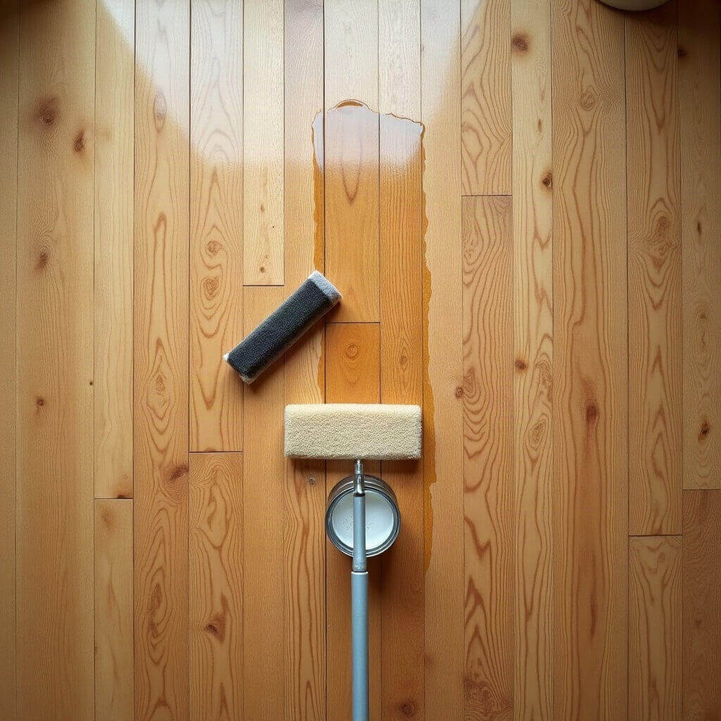 Pavimento in rovere per meta con la finitura appena rinnovata, il confine fra la parte trattata e quella spenta