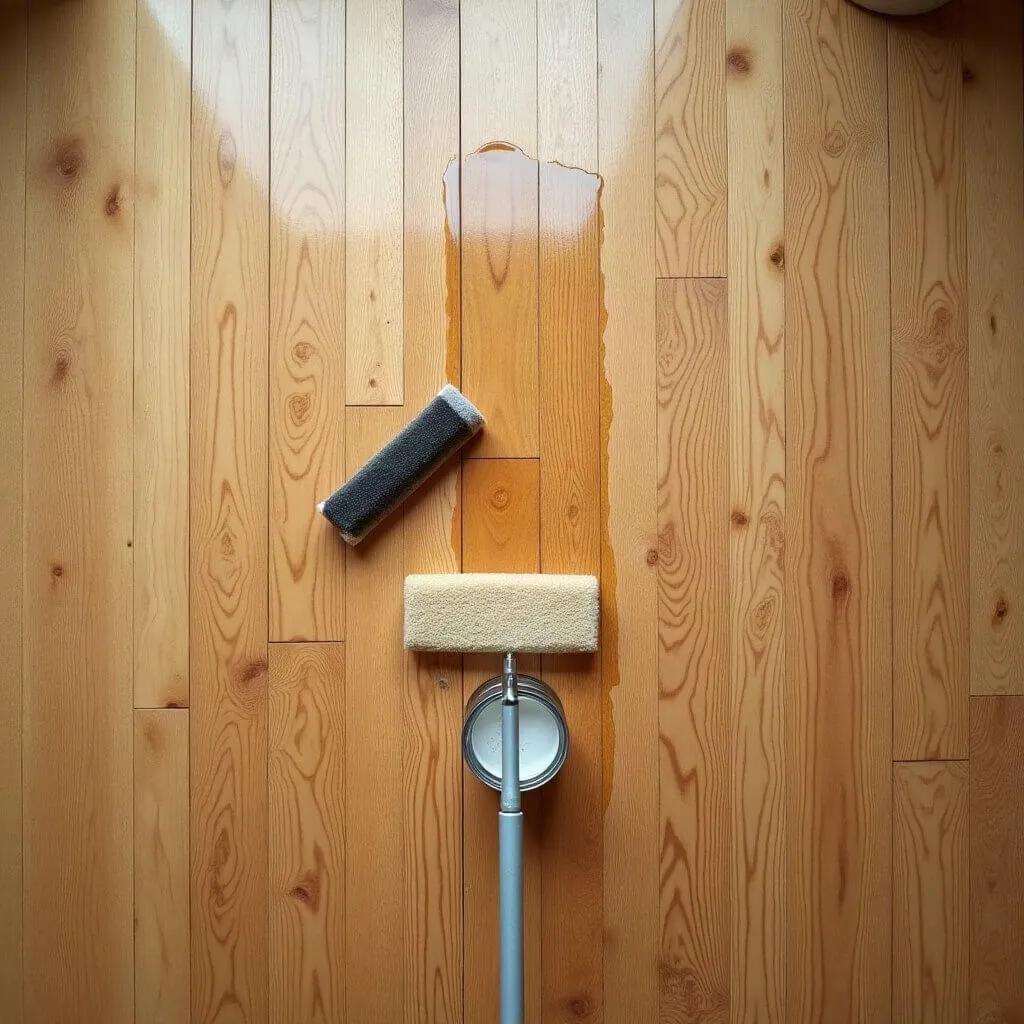Pavimento in rovere per meta con la finitura appena rinnovata, il confine fra la parte trattata e quella spenta