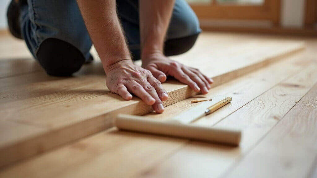 Parquettista in ginocchio che spinge una doga di rovere durante la posa