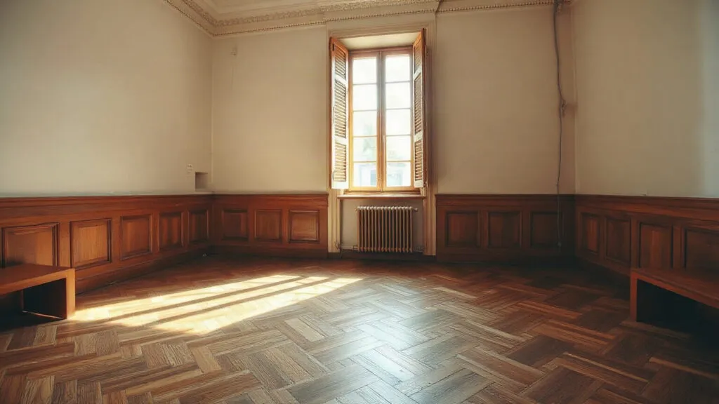 Pavimento a spina di pesce d epoca recuperato, in una stanza con soffitto alto e luce radente