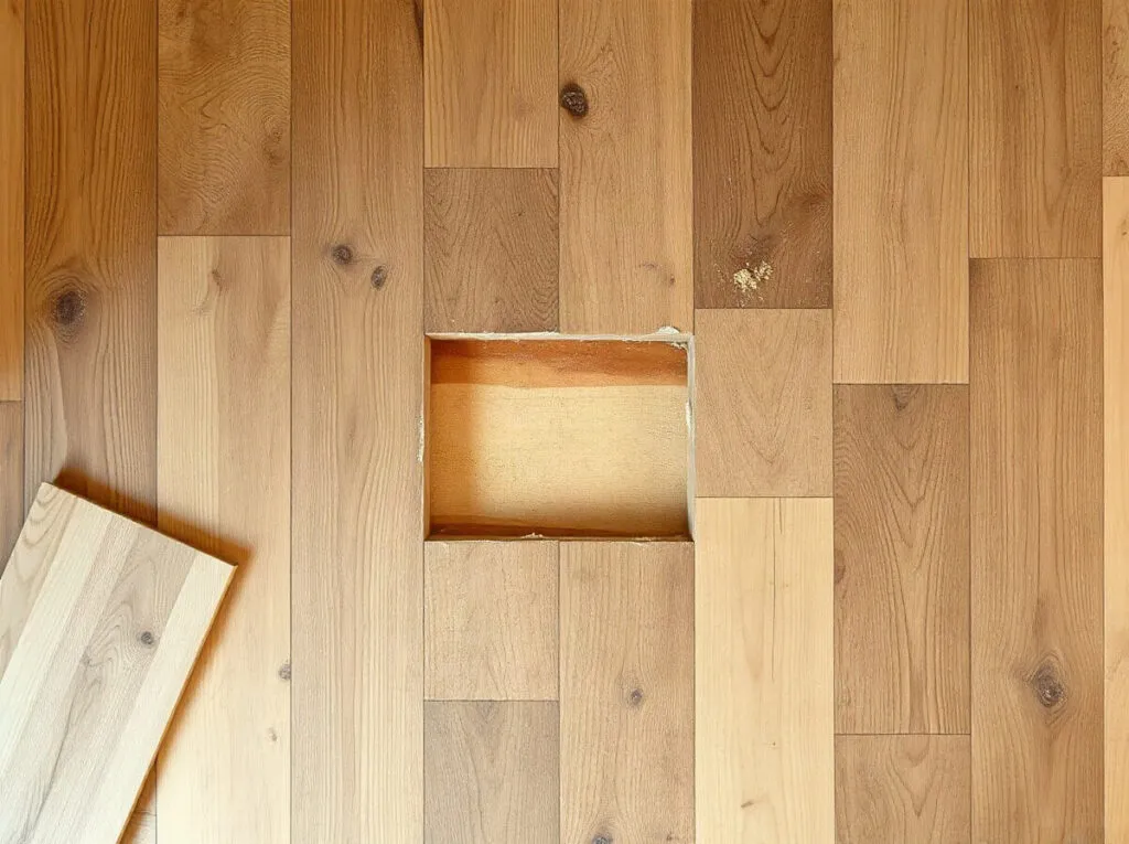 Doga tolta da un pavimento in legno, con il sottofondo a vista e il pezzo tagliato accanto