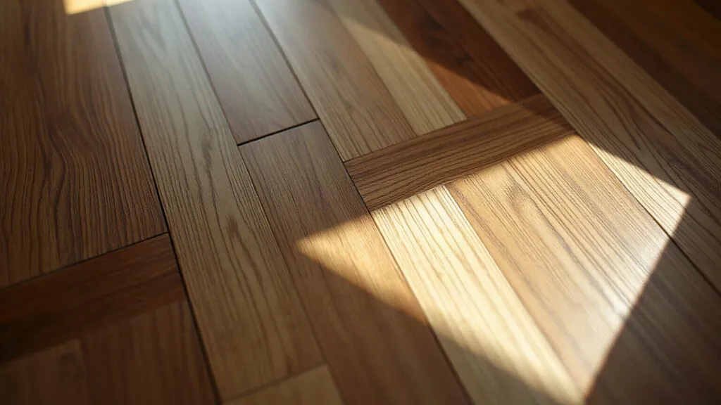 Pavimento in legno in luce radente, con le giunzioni fra le doghe visibili