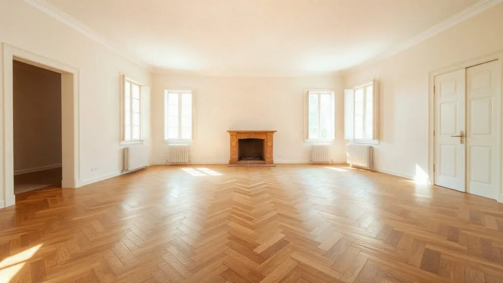 Stanza ampia con il pavimento in rovere posato a spina italiana, vista in prospettiva