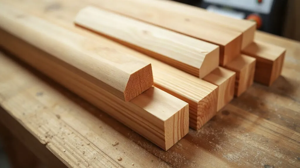 Listelli in legno con le teste tagliate in obliquo, su un banco da lavoro