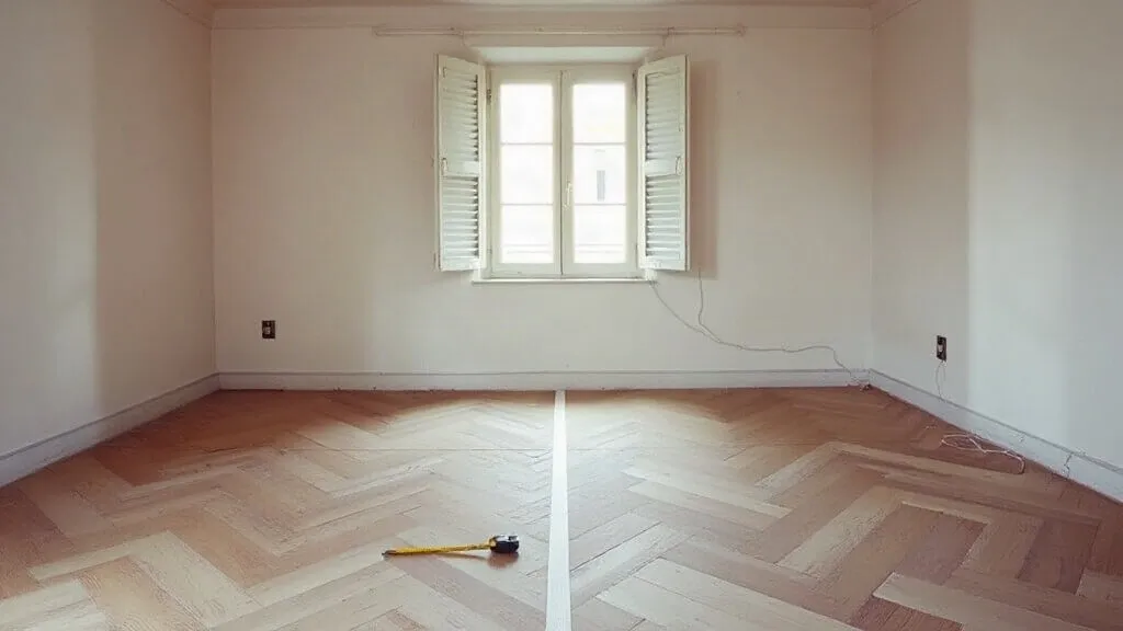 Stanza vuota con la linea dell'asse tracciata al centro e la posa che parte da li'