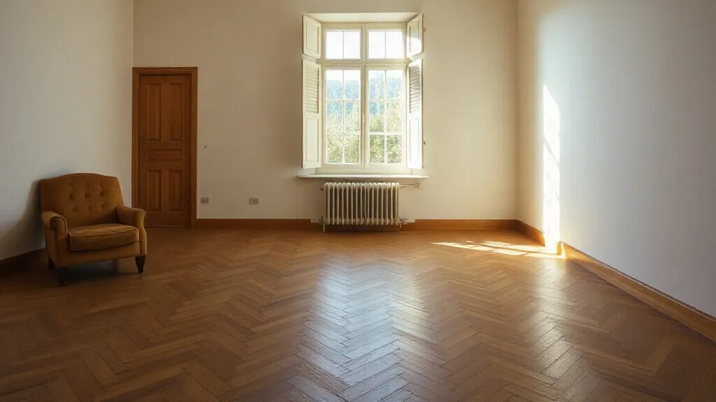 Stanza con il pavimento a spina ungherese finito, verso la finestra con le persiane