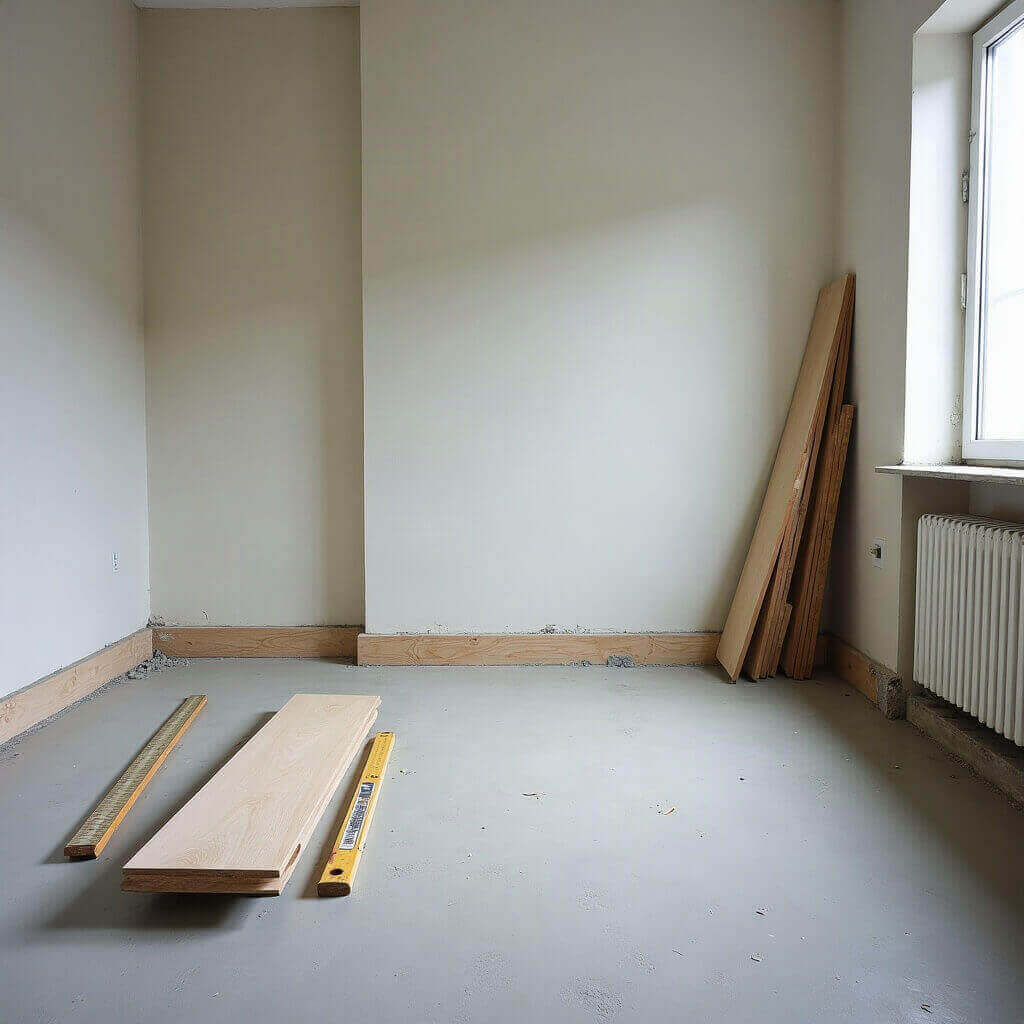 Stanza vuota con massetto in cemento e doghe di rovere in acclimatazione