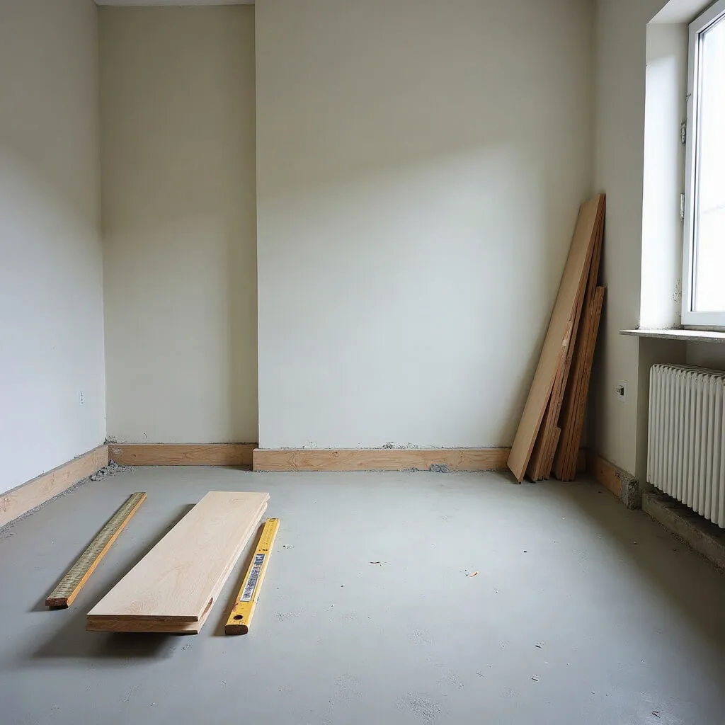 Stanza vuota con massetto in cemento e doghe di rovere in acclimatazione